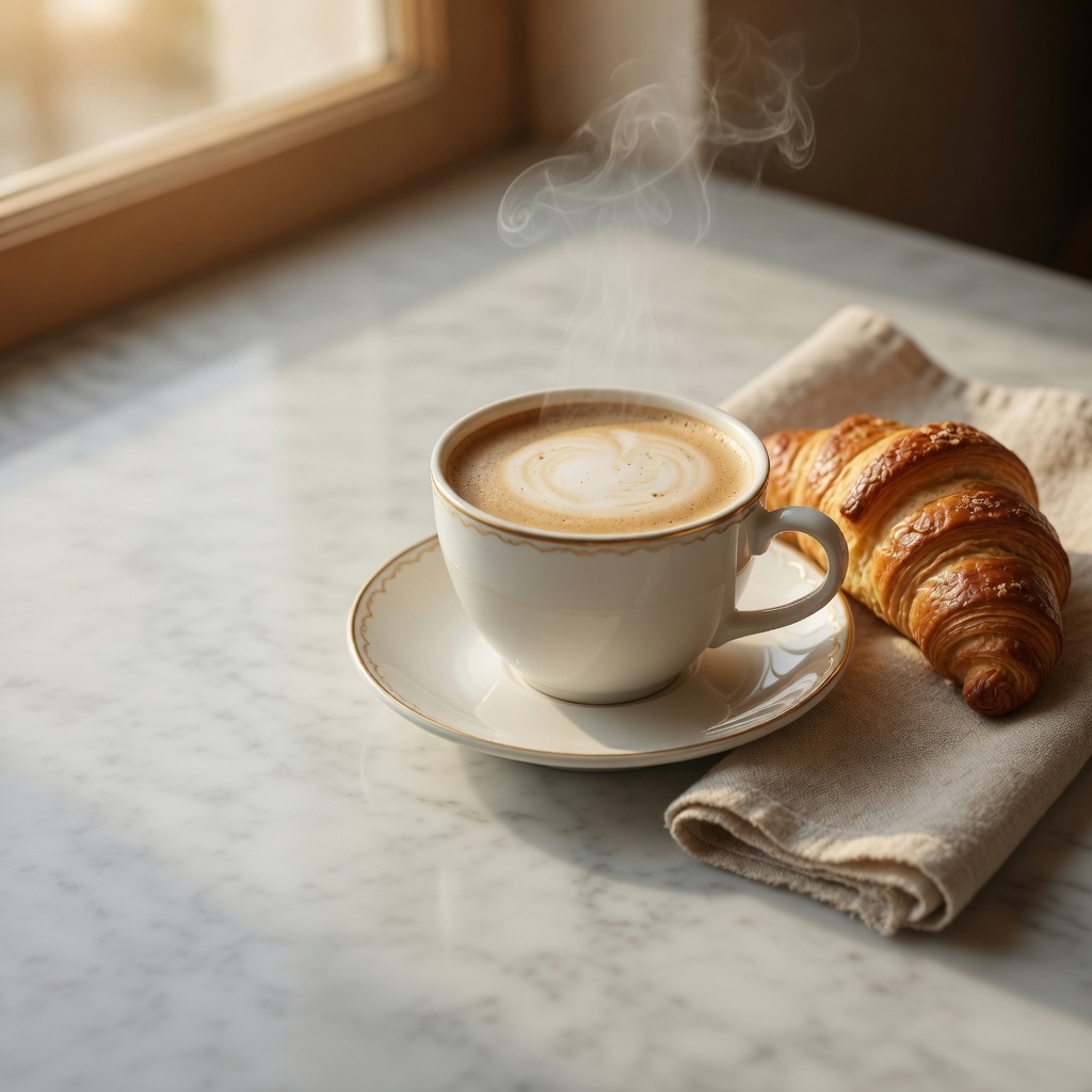 Café con leche y croissant recién hecho en Cafetería Chevalier